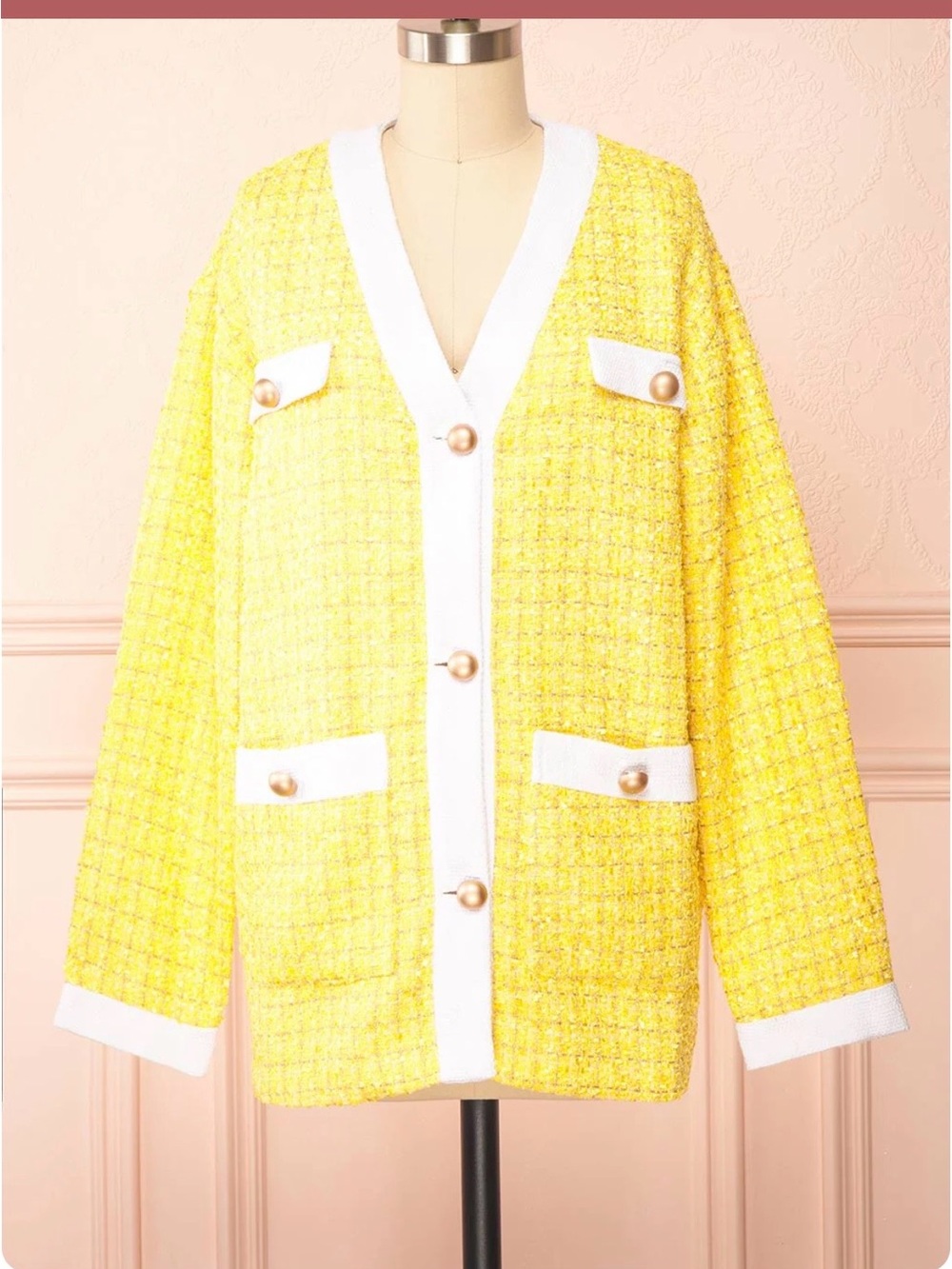 Glamorous-Yellow Tweed Button Jacket 💛